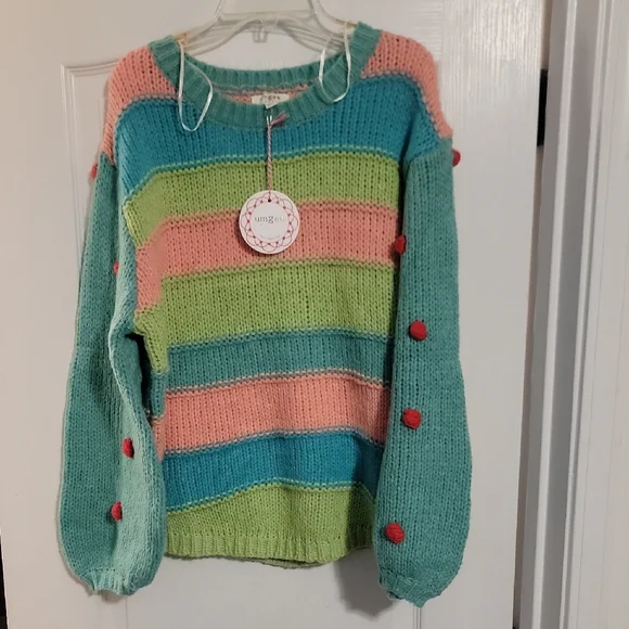 Umgee Multicolor Striped Sweater with Pom Details - Picture 3 of 4